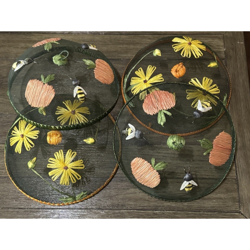 Vintage Lot Of 4 Mesh Food Tent Plate Covers Floral Bees Picnic Screen Ornate